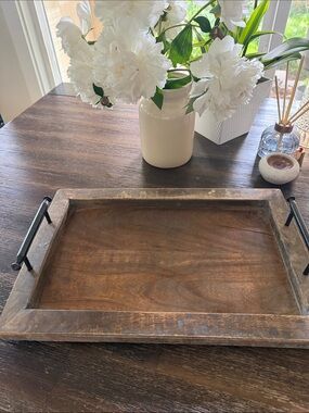 Rustic Wooden Serving Tray with Black Metal Handles - Brown